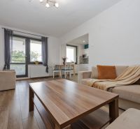 A bright living room in a two-room apartment with a wooden decor floor and a comfortable sofa.