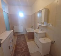 Bathroom in a family house with a bathtub, sink, and wooden decor tiles.