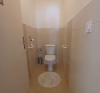 A minimalist toilet in a family house with beige tiles and a white rug.