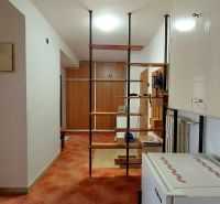 A hallway with a shelf and a red carpet in a 2-room apartment, separated by an open shelving system.