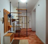 A hallway in a 2-room apartment with shelves and a coat rack, red carpet on the floor.