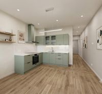 A kitchen in a 3-room apartment with a wooden decor floor and minimalist design.
