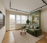 Living room in a 3-room apartment with a wooden decor floor and a balcony.