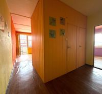 A hallway in a 3-room apartment with colored walls and a wooden decor floor.
