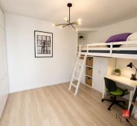 A one-room apartment with a raised bed, a desk, and flooring with a wooden decor.