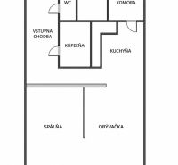 Floor plan of a one-bedroom apartment with a bedroom, living room, kitchen, bathroom, and storage room.