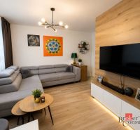 Living room in a one-room apartment with a gray sofa and a wooden decor floor.