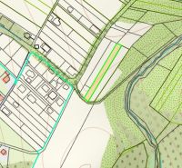 Map of recreational plots in Lysica with parcels and greenery along the stream.