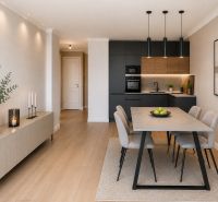 Modern kitchen and dining room in a two-room apartment with wood-patterned flooring.