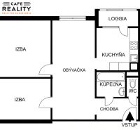 Floor plan of a 3-room apartment with a loggia, bathroom, kitchen, and living room.