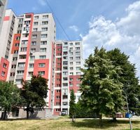 The exterior of the apartment building on Andrusovova Street in Bratislava - Petržalka with landscaped greenery.