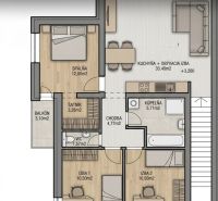 Layout of a 4-room apartment with a kitchen, living room, bathroom, balcony, and floor with wooden decor.