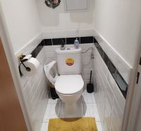 Bathroom in a 2-room apartment with ceramic tiles and white sanitary ware.