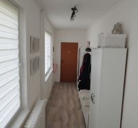 A narrow corridor with a wardrobe, a floor with a wooden decor, and white walls in a 2-room apartment.