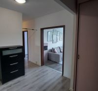 The entrance hall of a 2-room apartment with a chest of drawers and a floor with a wooden decor.