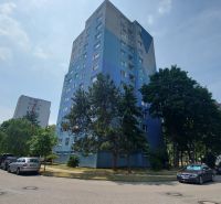 A taller residential apartment building in Bratislava - Petržalka surrounded by greenery and parked cars.