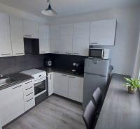 A kitchen in a 2-room apartment with white cabinets, a microwave, and appliances.