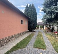 A family house in Iža with a stone exterior cladding, trees, and a landscaped garden.