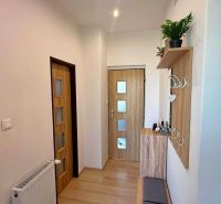 A hallway in a family house with a wooden decor floor, wooden doors, and a coat rack.