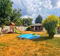 The garden of a family house in Iža with a playground, lawn, and small structures.