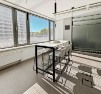 Offices with large windows, a desk and chairs, interior with a glass wall.
