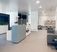 Reception in offices with wood-patterned flooring and minimalist seating.