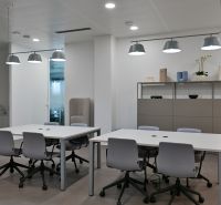 Offices with light gray desks and chairs, pendant lights, shelves with decorations.