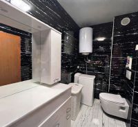 A bathroom in a family house with black tiles, a mirror, a toilet, and a washing machine.