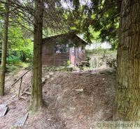 A wooden cabin in the forest on a slope in Bratislava IV, surrounded by green trees.