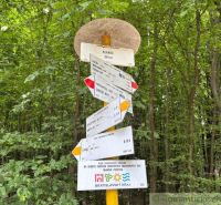 A tourist sign in the forest near a cabin in Bratislava IV, surrounded by dense green vegetation.
