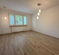 An empty room with a wooden decor floor and pendant lights in a 2-room apartment.