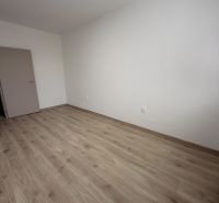 A room with a wooden floor decor in a 2-room apartment, white walls, round lighting fixture.