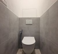 Bathroom in a 2-room apartment with a toilet, gray tiles, and a wall-mounted flush unit.