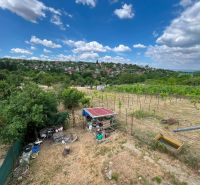 The view from the cottage in Skalica of the vineyards and surrounding nature under the blue sky.