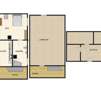 Floor plan of a cottage with a room, kitchen, bathroom, terrace, and basement.