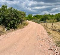 A dirt road in Skalica surrounded by greenery and wooden fencing on the edge.