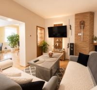Interior of a family house with a wooden decor floor, fireplace, and comfortable seating.