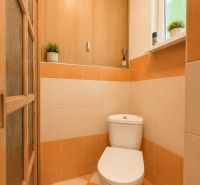 A toilet in a family house with tiled walls and wooden doors.