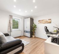 Home office with a sofa, wardrobe, desk, and wooden decor flooring.