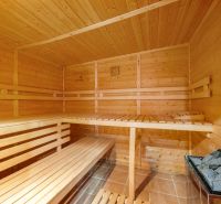 A sauna with wooden benches and a heating device in a family house.