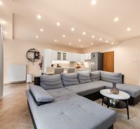 Bright living room with kitchen and large gray sofa in a family house.