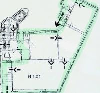 Floor plan of gastro spaces with green highlighting of routes and rooms.