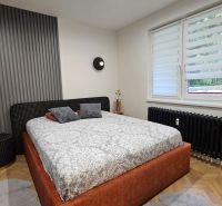 Bedroom in a 2-room apartment with a wood-patterned floor and a striped wall.