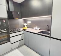 A kitchen in a 2-room apartment with modern appliances and sleek cabinets.