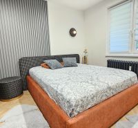 Bedroom in a 2-room apartment with a comfortable bed, a wall with slats, and a floor with a wooden decor.