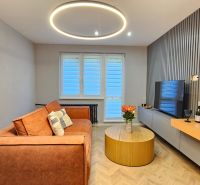 Living room in a two-room apartment with a sofa, a round table, and a wooden decor floor.