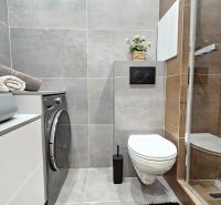 A modern bathroom in a 2-room apartment with a shower, sink, toilet, and washing machine.