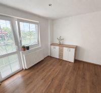 A room in a family house with a wooden decor floor and large windows.