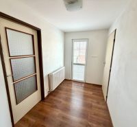 A hallway in a family house with two doors and a wooden-patterned floor.