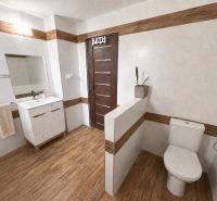 A bathroom in a family house with a wooden decor floor and modern furniture.